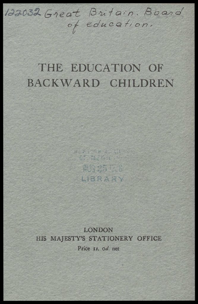 Grey book cover. Title reads: 'The education of backward children'.