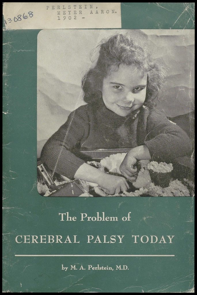 Green book cover features black and white photo of smiling young girl with Cerebral Palsy. Title reads: 'The problem of Cerebral Palsy today.'