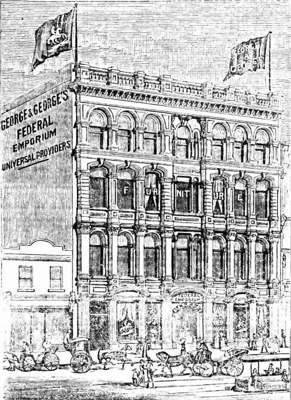 Illustration of George & George's Federal Emporium building, with people walking and horse drawn carriages on the road.