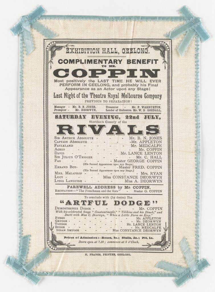 playbill for production listing plays and performers, edged with fabric and a blue ribbon around the outside. with bows at the corners