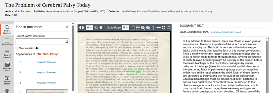 Screen divided into three showing one keyword search result from a book. At right, keyword search previews are shown, centre showing page of text with keywords highlighted in green, at right, plain text generated from page of text (OCR).