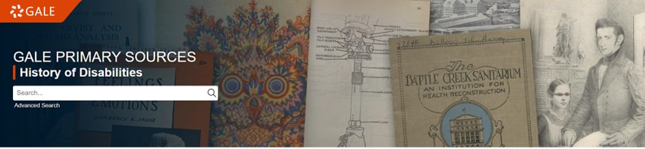 Gale Primary Sources History of Disabilities splash screen overlaid by Basic Search Box with link to Advanced Search underneath.