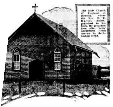 Black and white newsprint image of a wooden church with a cross on the rooftop.