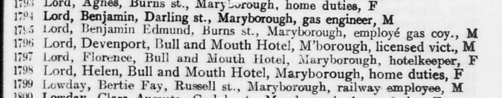 Listing for Florence on electoral roll reads: Lord, Florence, Bull and Mouth Hotel, Maryborough, hotelkeeper, F