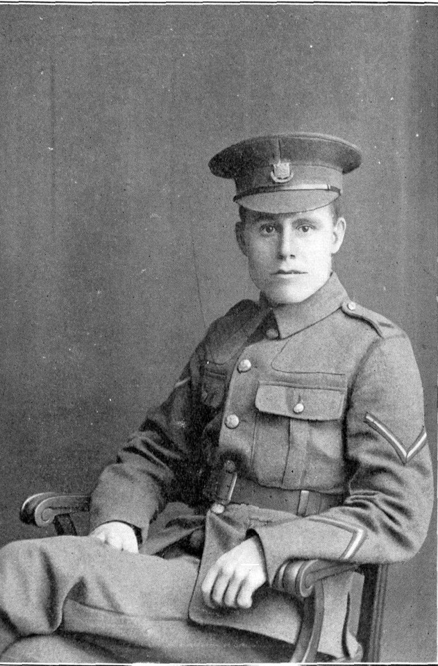 Black and white photograph of a young man, seated, in a British army uniform.