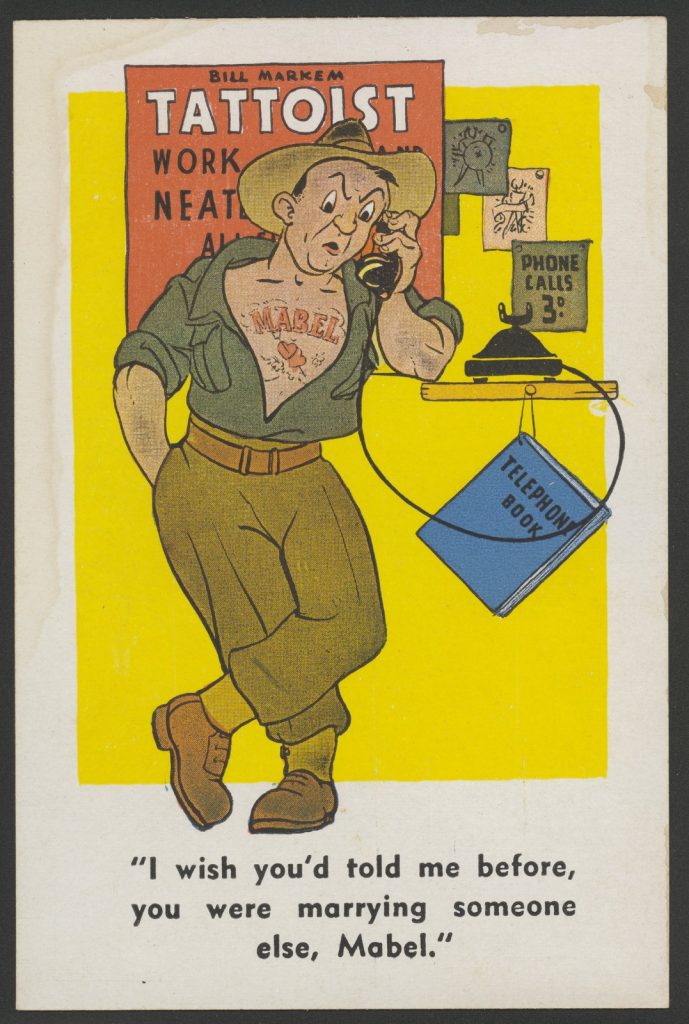 Cartoon showing a soldier on the telephone, looking annoyed. His shirt is open displaying a tattoo of the word Mabel on his chest