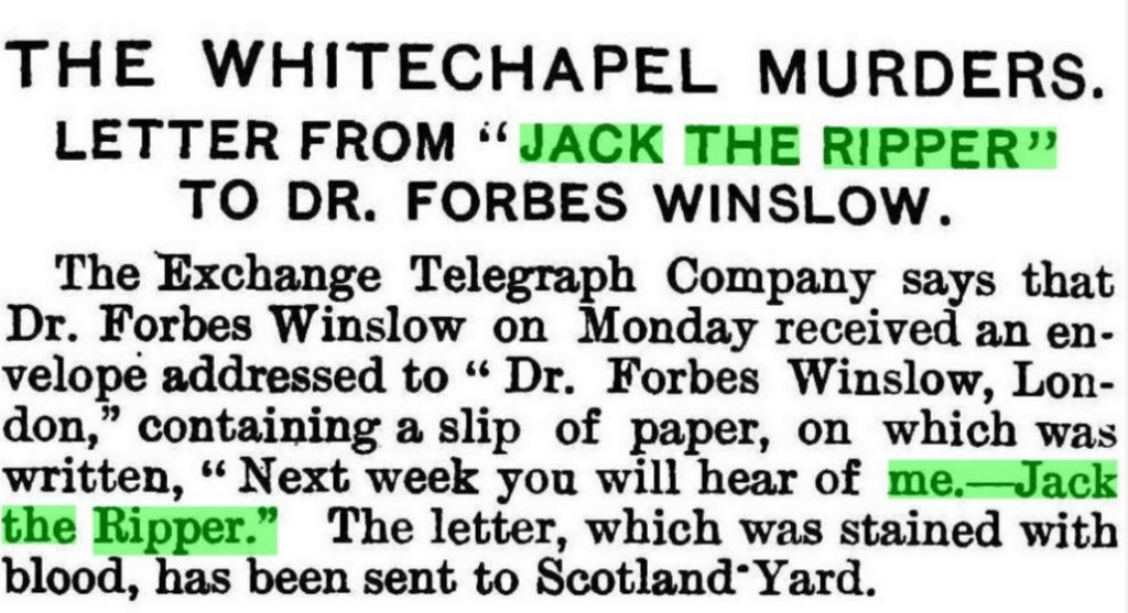 Headline and brief text from newspaper outlining letter received by Doctor Forbes Winslow apparently from Jack the Ripper
