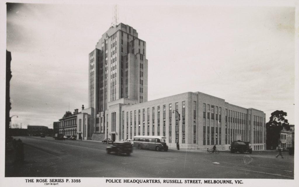 black and white photograph or Russell Street Police headquarters