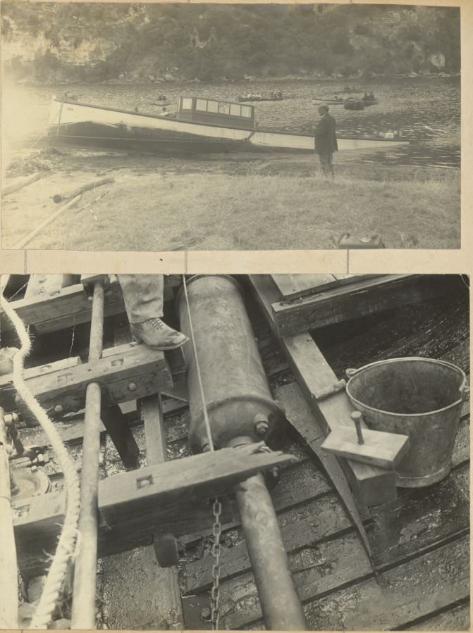 2 black and white images. The top one is of a partially submerged motor boat with a man standing nearby on a river bank and people out on the river in rowing boats. The bottom image is an up-close picture of damage to the hull of the boat.