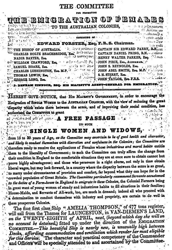 Typed page of text from the Committee for Promoting the Emigration of Females to the Australian Colonies, advertising free passage to single women and widows.