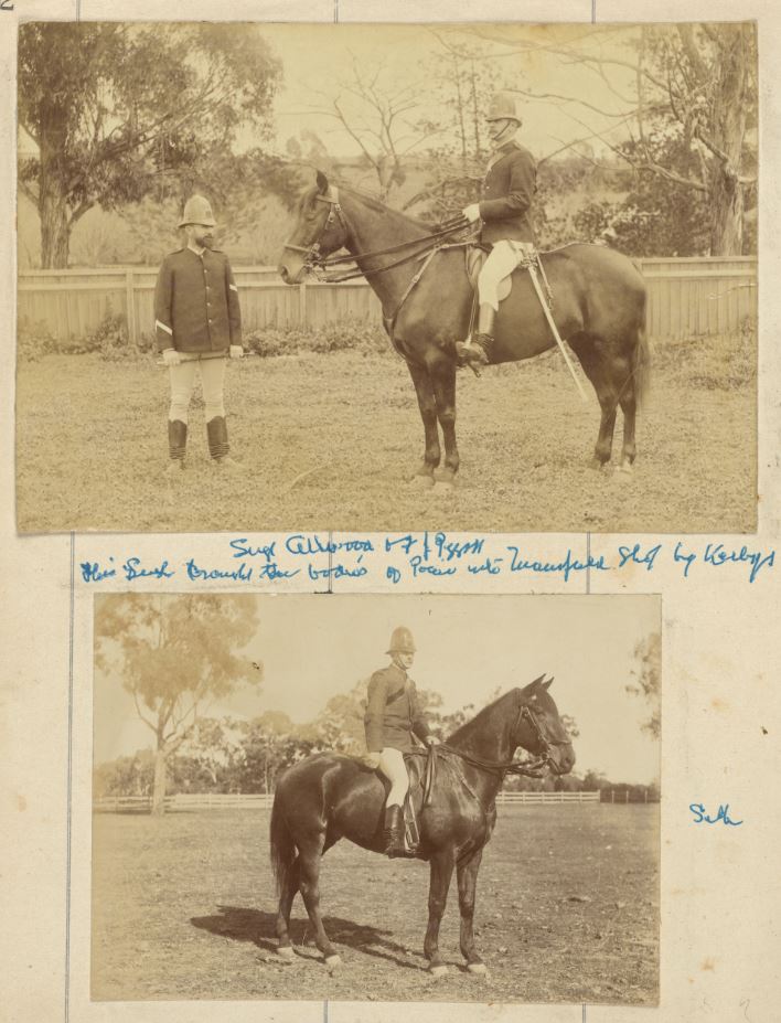 black and white photographs of mounted trooper on a horse- probably Detective Piggott