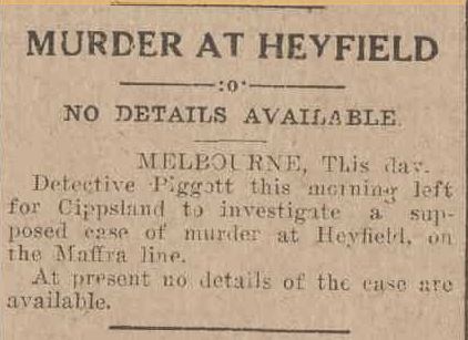 newspaper snippet reading 'Murder at Heyfield'