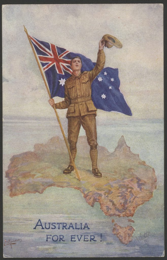 A soldier holding an Australian flag, standing on a map of Australia