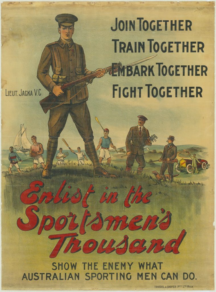 Recruiting poster with soldier holding a rifle
