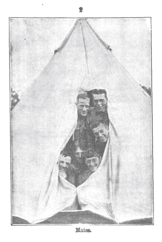 Six soldiers inside a tent - putting their heads through the tent flaps