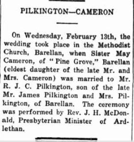 Wedding notice in a newspaper for the Pilkington-Cameron marriage.
