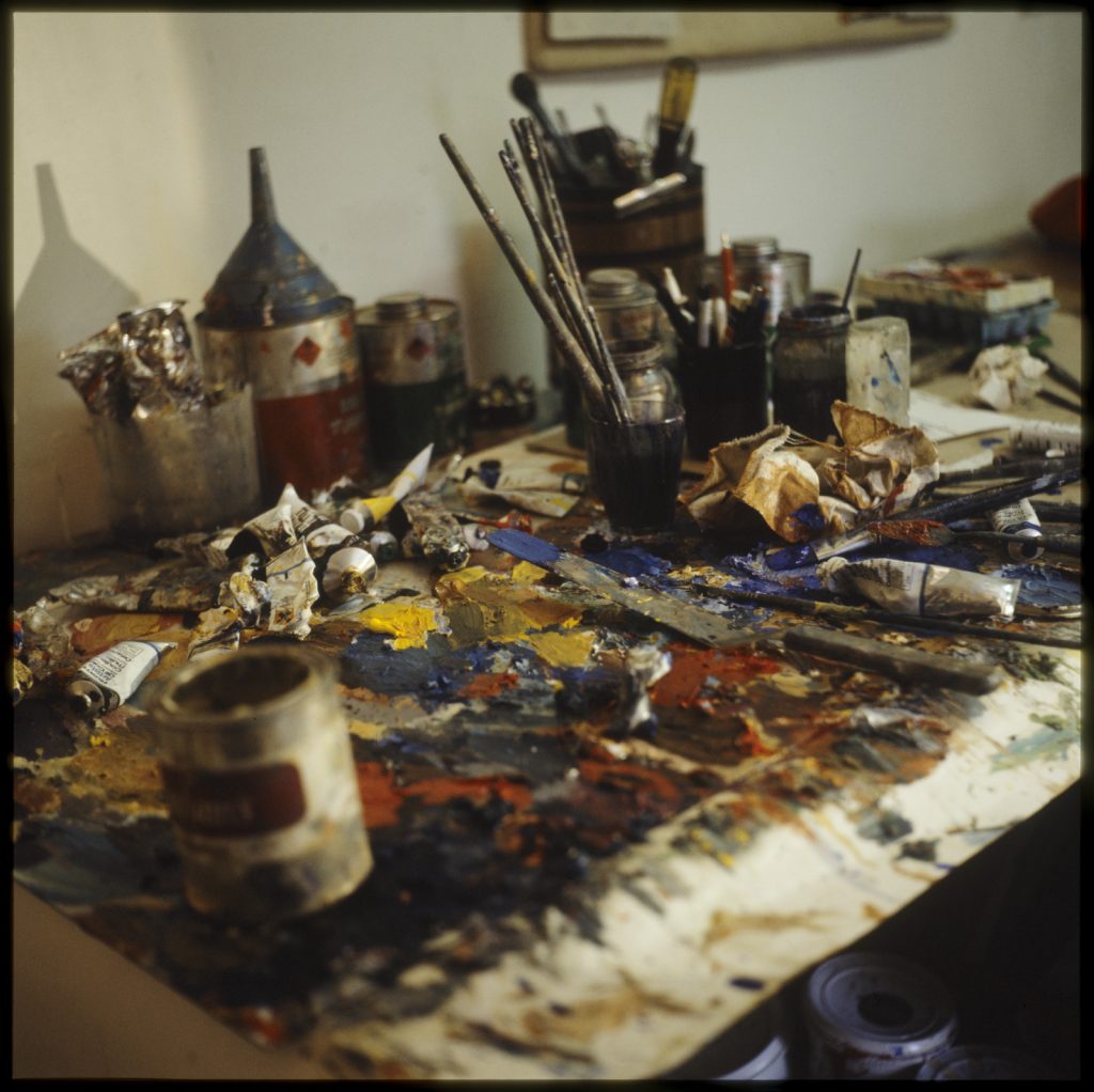 A photo of the material used by Geraldine Burke to create her artwork including a large paint palette, brushes and palette knife.