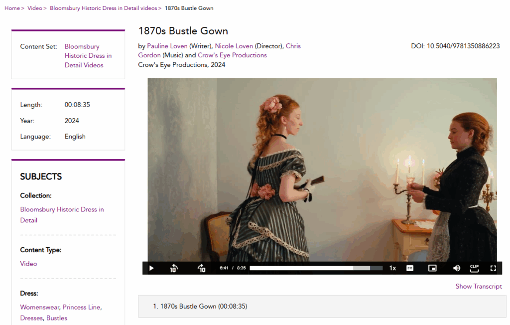 Screen shot of webpage showing 1870's Bustle Gown Video including as credits, video information, and subject links