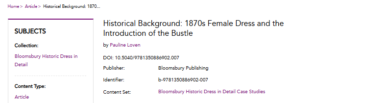Screen shot of Webpage showing article information, author and title; Historical Background: 1870's Female Dress and the Introduction of the Bustle