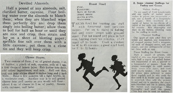 Typed recipes including illustration of children running carrying a pig