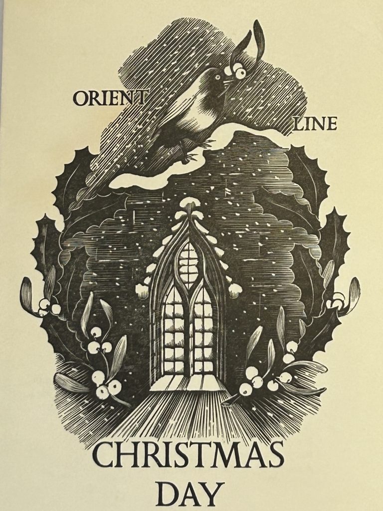 Black and white illustration depicting a bird and Christmas holly surrounding a church window.