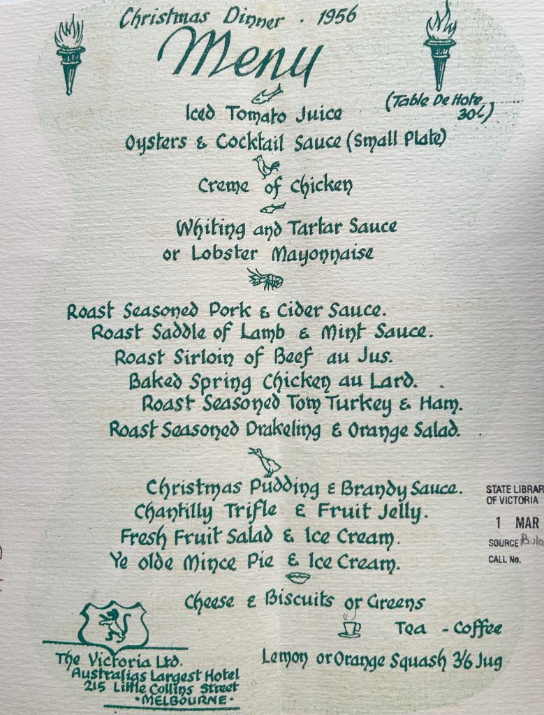 Colour handwritten menu listing Christmas dishes with Olympic torch illustrations.