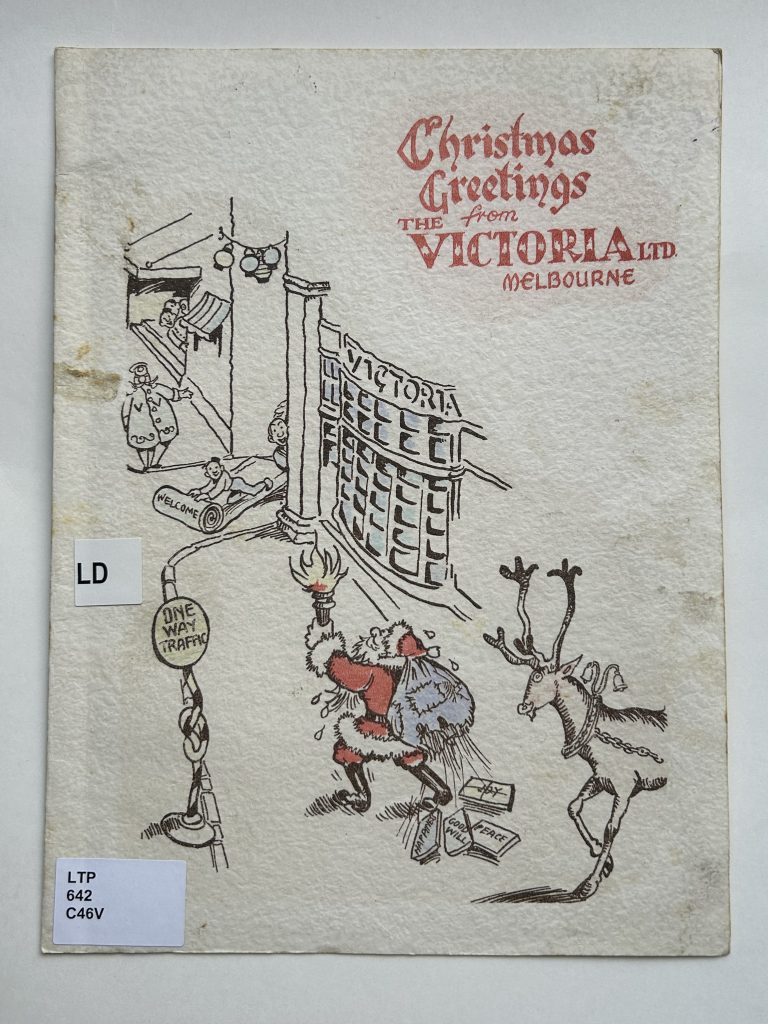Colour illustrated menu cover depicting Santa carrying Olympic torch to the Victoria Hotel.