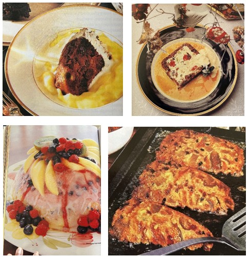 Colour photo of various kinds of Christmas plum puddings