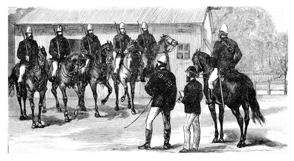 Drawing of a group of Victorian police, most mounted on horses.
