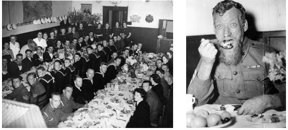 Two black and white photos depicting uniformed men and women sitting at long tables, and a soldier eating Christmas pudding