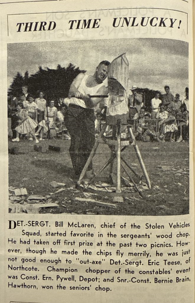 Article which shows a picture of Det.Sergt Bill Mclaren competing in a wood chop competition