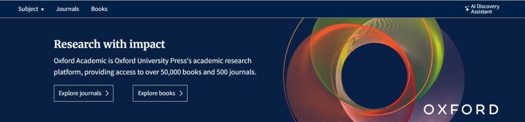 A banner image from Oxford Academic showing an abstract log and the words 'Research with impact'.