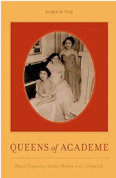 Cover image of Queens of academe showing an oval portrait of three women in gowns. The portrait is black and white framed by orange and yellow.