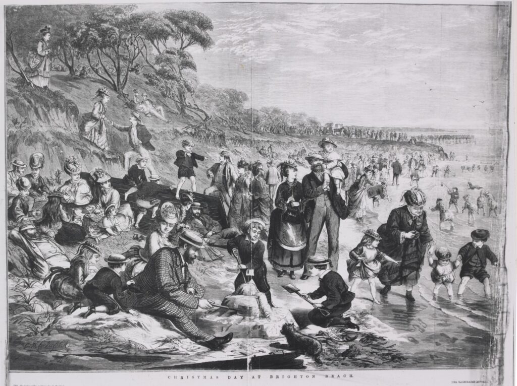 Black and white illustration of people having a picnic at the beach.