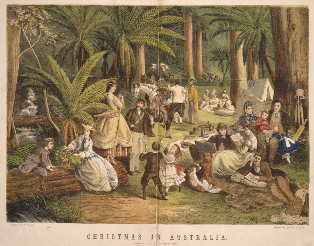 Colour illustration of people having a picnic in a forest of ferns.