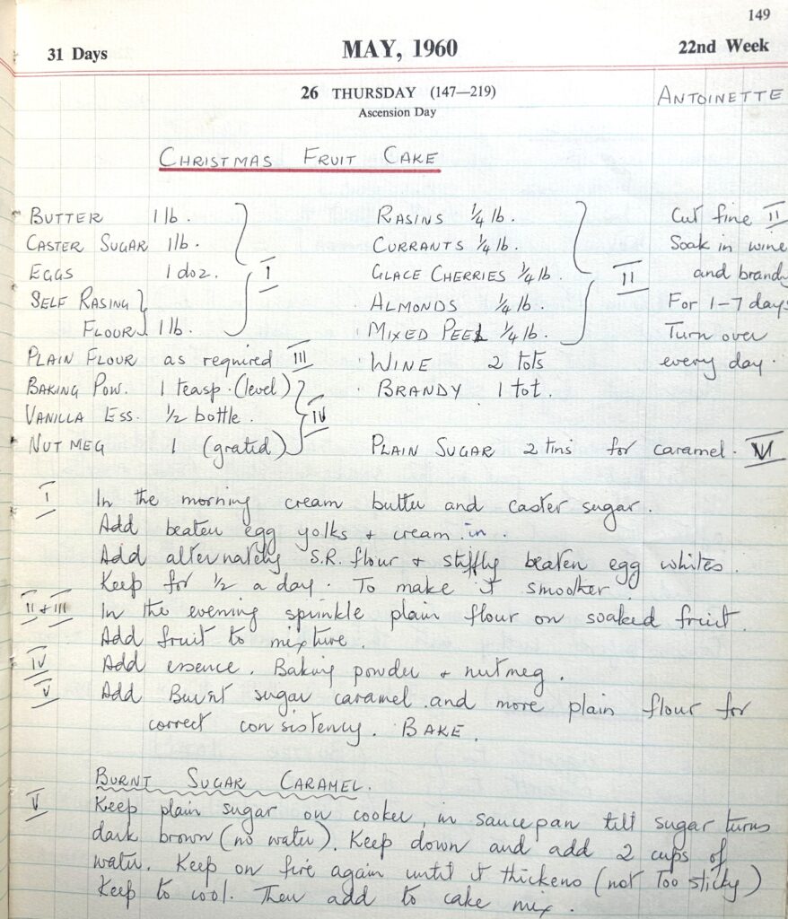 Handwritten recipe for Christmas fruit cake