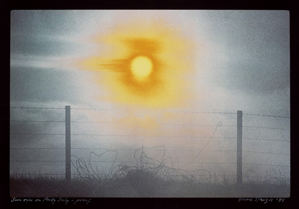 Colour photo looking through wire fence towards bright sun. The fence and railings are in silhouette.