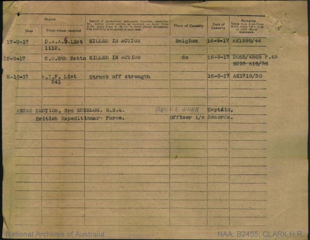 A page of the WWI Australian Imperial Force service record for Harold Ross Clark, showing the Casualty form section.