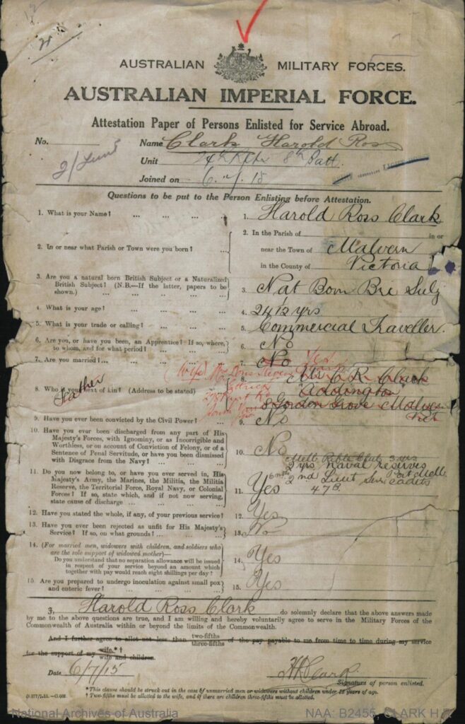 Front page of the WWI Australian Imperial Force service record for Harold Ross Clark, listing his name, contact details, next of kin, etc.