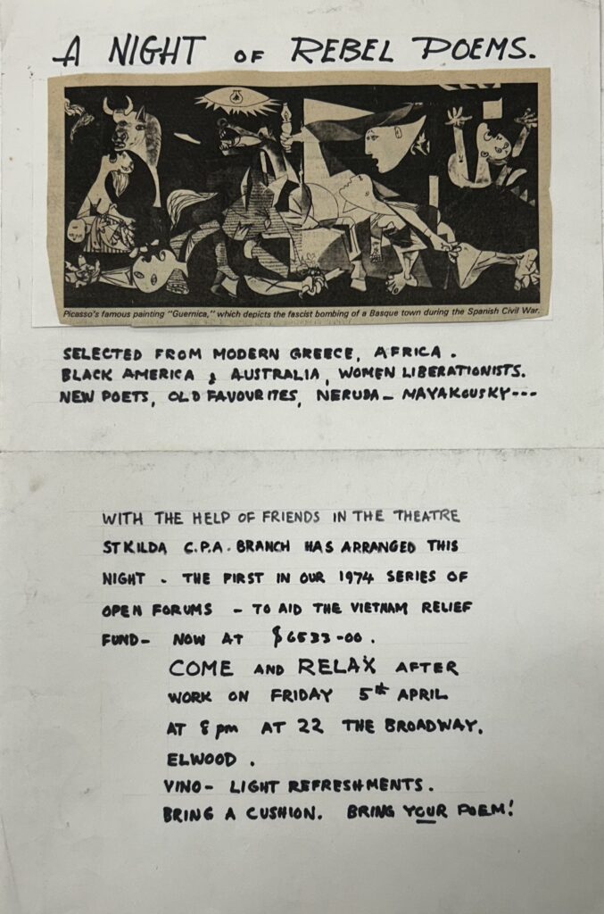 Flyer advertising poetry event, with text and reproduction of Picasso's painting Guernica.