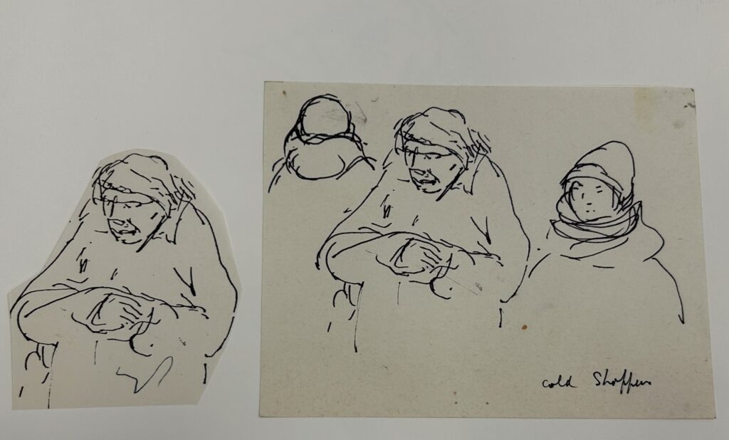 Pen sketch of old woman, and a group of 3 old women.
