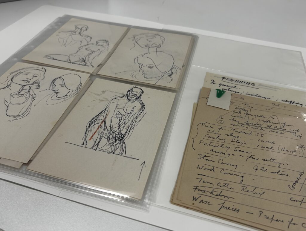 Image showing 4 sketches of women, and planning notes.
