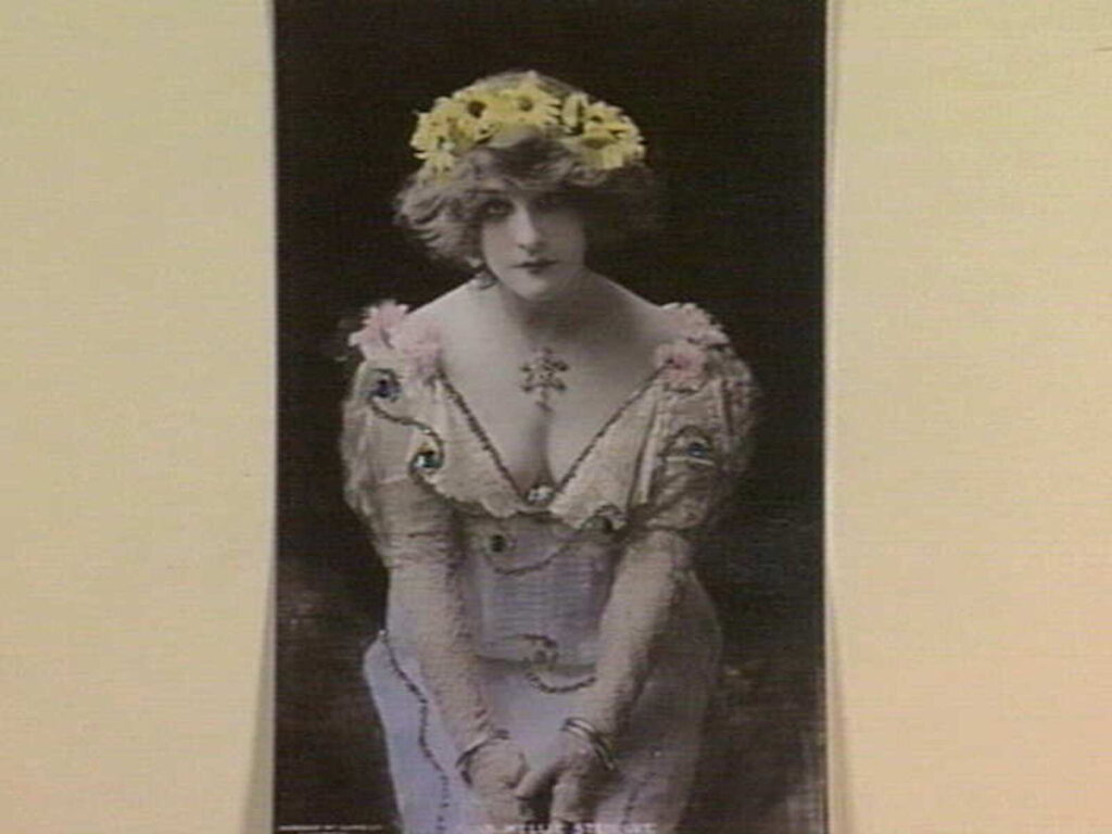 A woman in an elaborate gown with flowers in her hair.  Actress Nellie Stewart in the role of Camille.