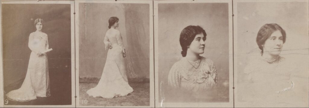 A collection of photographic prints of singer Amy Castles, wearing a white gown with her hair in a low bun.  Two images show her in full body portraits, the other two are head and shoulder portraits.