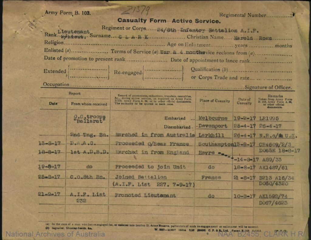 A page of the WWI Australian Imperial Force service record for Harold Ross Clark, showing the Casualty form section.