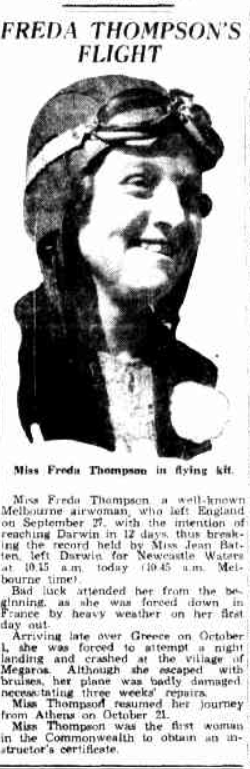 Newspaper page reading Freda Thompson's flight