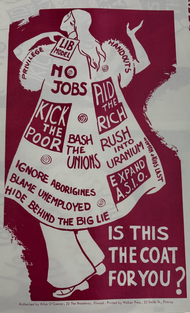Poster showing graphic of woman in long cloak. The cloak is covered in political slogans.