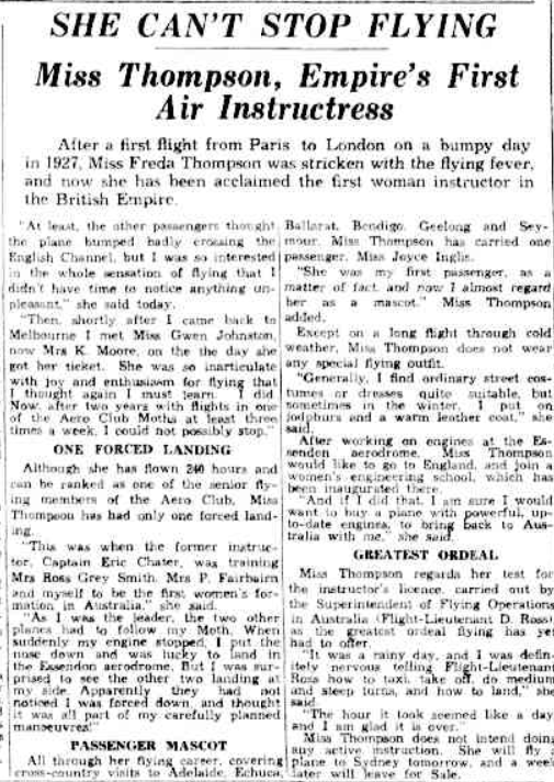 Newspaper page reading She can't stop flying. Miss Thompson, Empire's first air instructress
