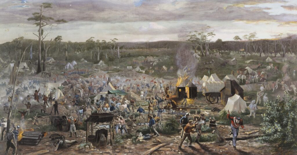 Painting of miners and police battles at Eureka