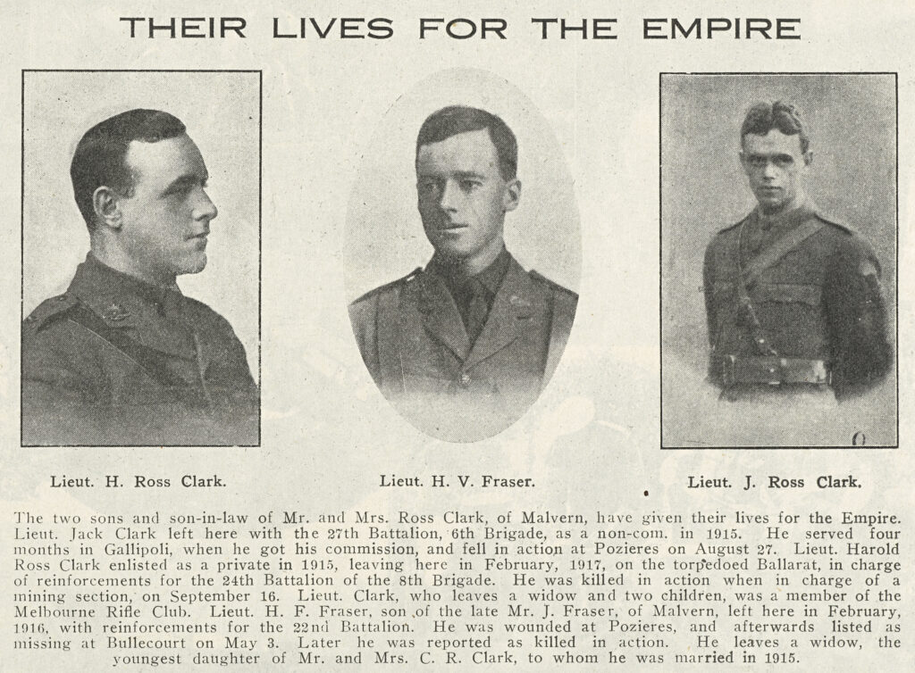 A newspaper article showing photographs of three young soldiers in uniform, with their names listed underneath.